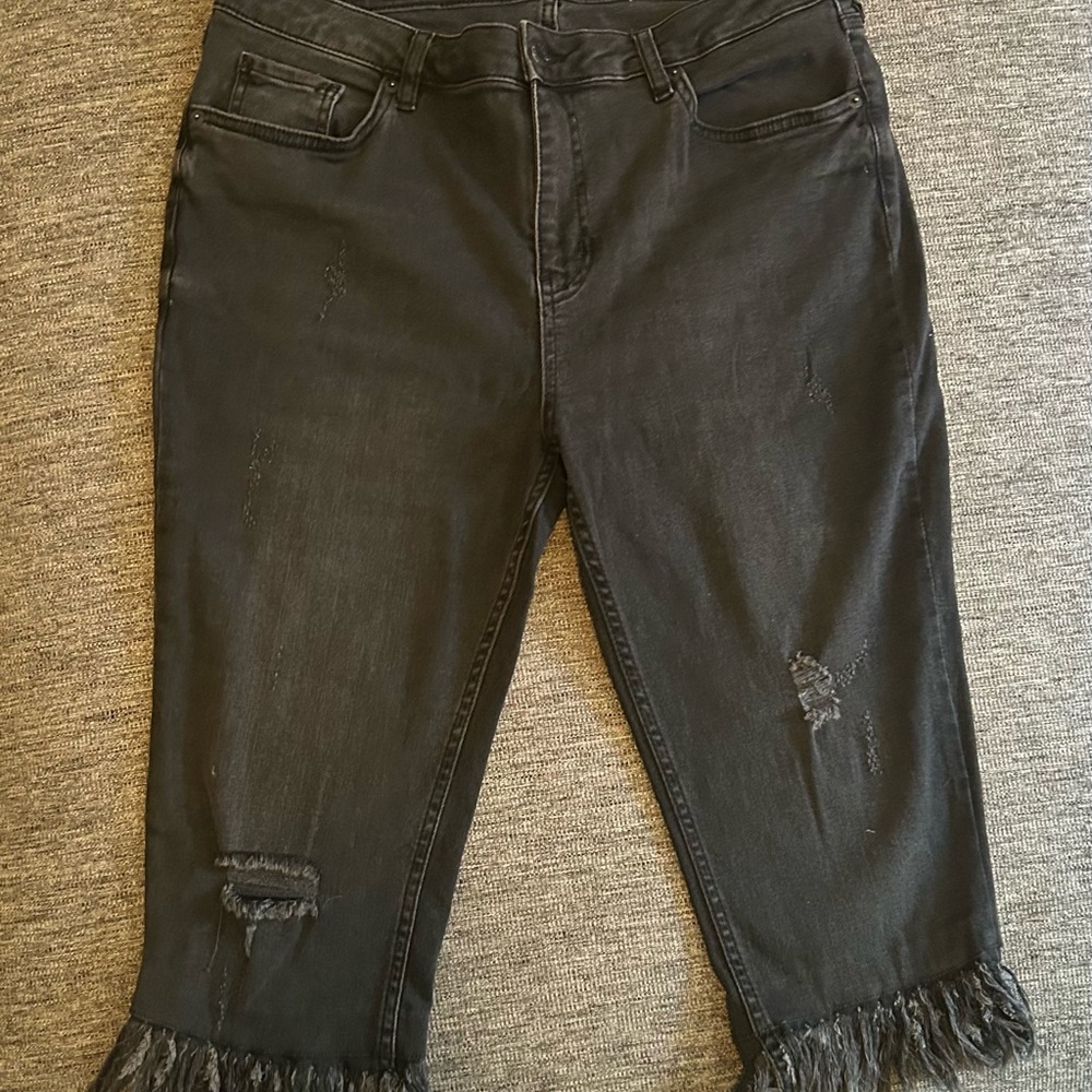 Free People Black Distressed Ankle Fringe Jeans